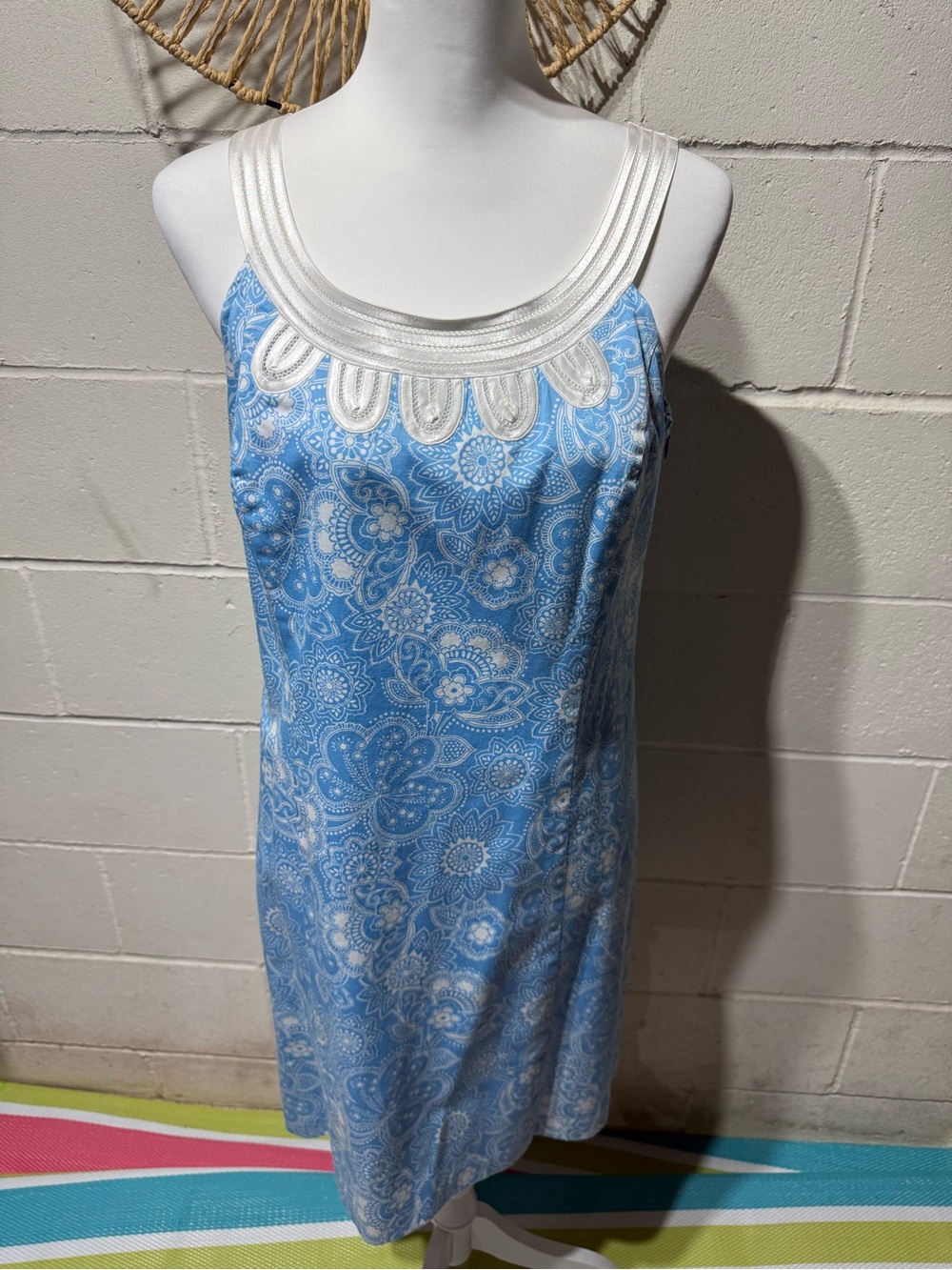 LOFT Light Blue Paisley Dress with White Trim